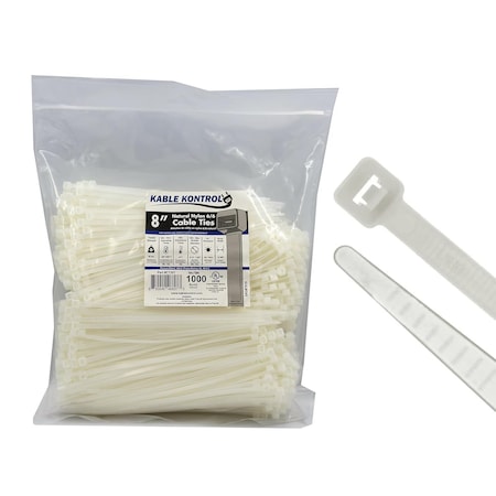 Kable Kontrol Cable Tie, 8 in L, 2.16 in Max Bundle Dia., Natural, Nylon 6/6, 50 lb Strength, 1000 PK CT207